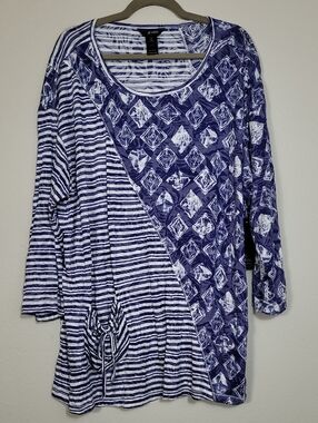 NWT Ali Miles Long Sleeve Tunic Top Size 2X Blue Artsy Lagenlook Wearable Art